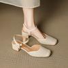 Fashion 2025 New Basic Mid Heels Women Sandals Square Toe Buckle Strap Slingback Pumps Mature Genuine Leather Hollow Out Shoes Woman