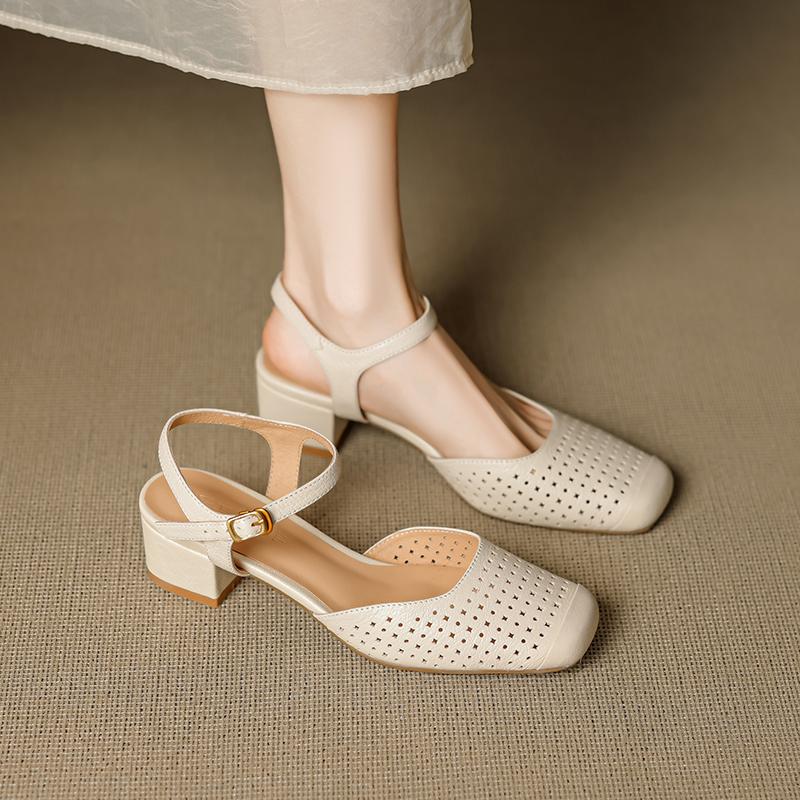Fashion 2025 New Basic Mid Heels Women Sandals Square Toe Buckle Strap Slingback Pumps Mature Genuine Leather Hollow Out Shoes Woman