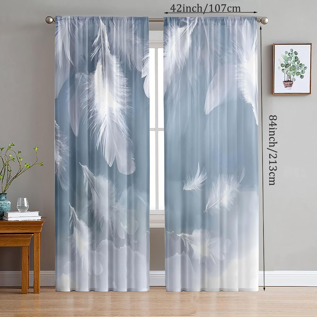

2 Pieces Of Elegant White Feather Printed Curtains, Through-Pole Curtains, Bedroom And Living Room Curtains, 14Wx39L(35x100CM)x2