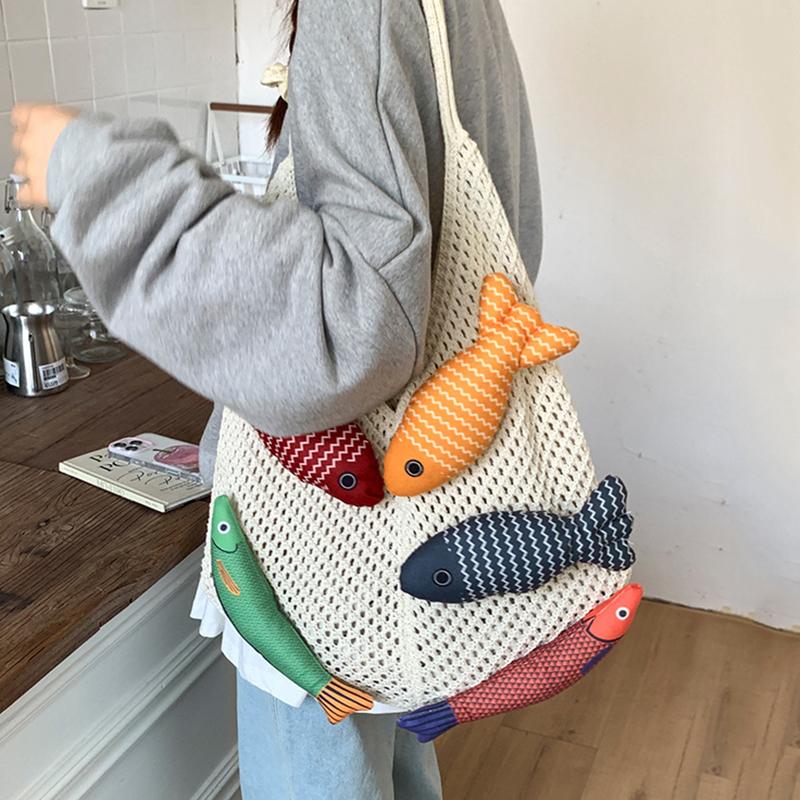 Nuova Borsa a Shopper all'Uncinetto Carina a Forma di Pesce Grande Capacità Borsa a Spalla Intrecciata Casual Multicolore Borsa Lavorata a Maglia Fatta a Mano