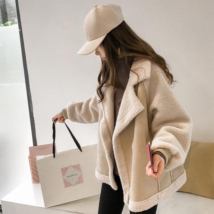 Lamb Velvet Jacket Women's Winter Loose Fur All-in-one Suede Jacket Short Lamb Velvet Warm Motorcycle Jacket