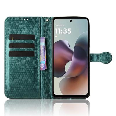 Etui portfelowe dla Motorola Moto G56 5G z wytłoczonym wzorem kropek, pokryte skórą PU, z paskiem na nadgarstek