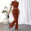 Women's Crew Neck Two Piece Knitting Set Short Sleeve Sweater Top Wide Leg Pants Lounge Sets Ribbed Knitted Casual Outfit for Spring Autumn
