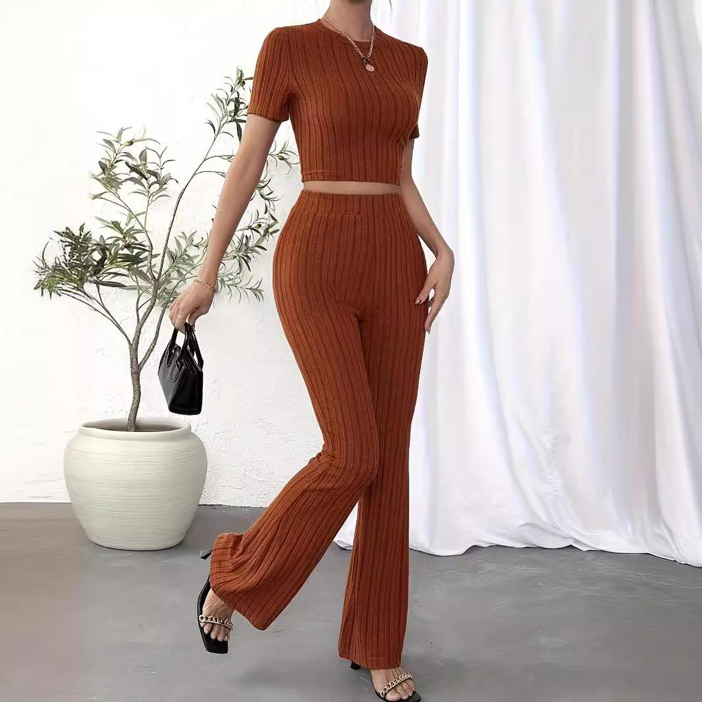 Women's Crew Neck Two Piece Knitting Set Short Sleeve Sweater Top Wide Leg Pants Lounge Sets Ribbed Knitted Casual Outfit for Spring Autumn