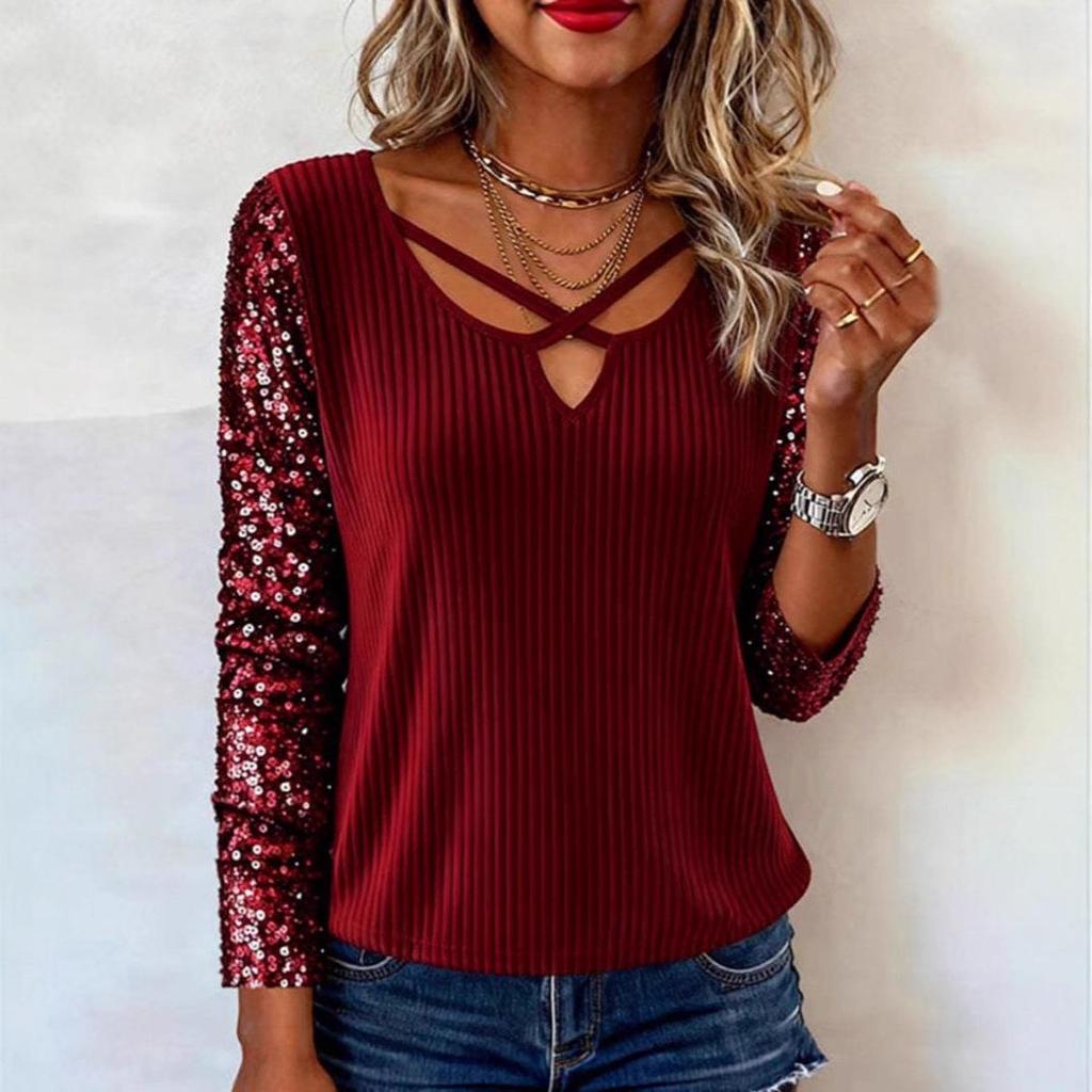 European-American Fashion Sequin Patchwork V-neck Long Sleeve Women's Top