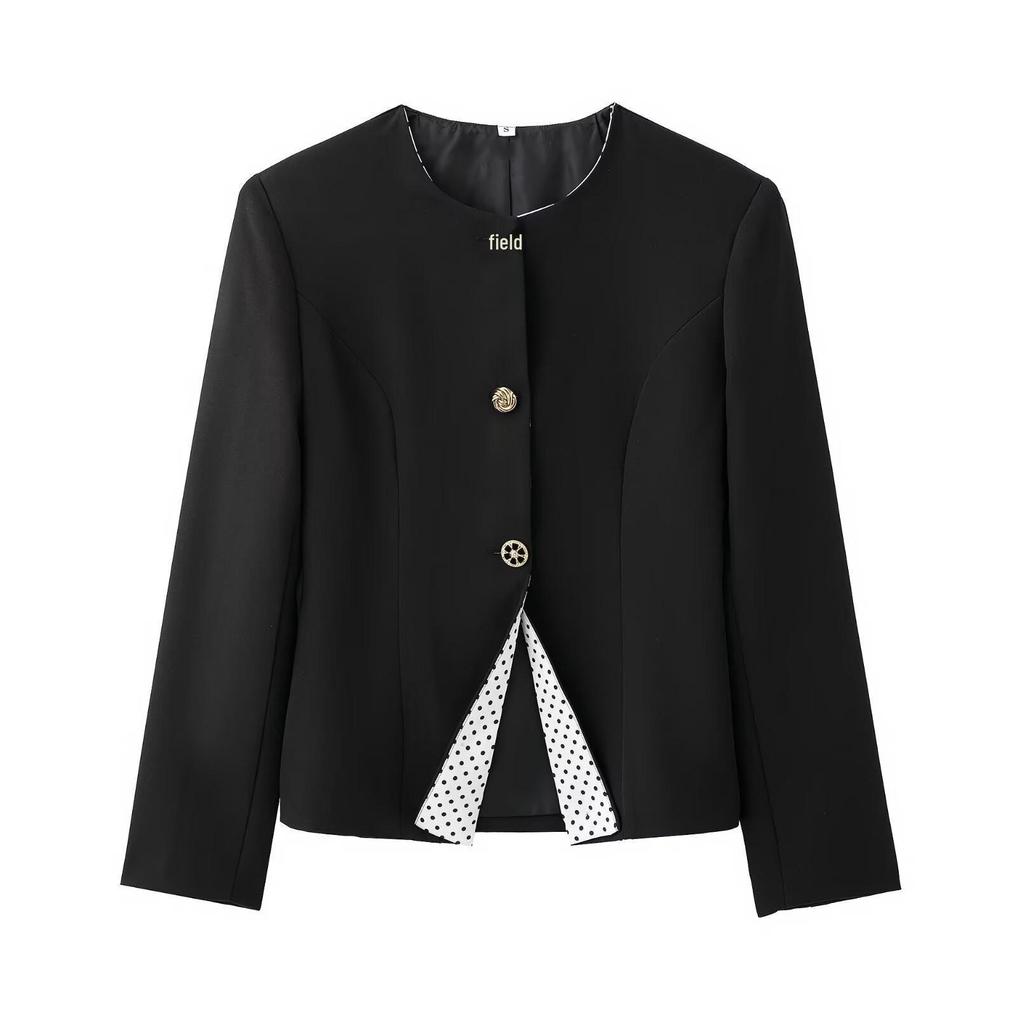 2025 Women's Slim Fit Round Neck Short Coat & Polka Dot Patchwork Skirt Set