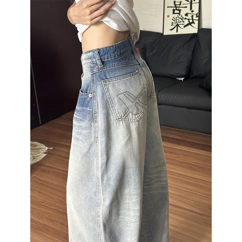 Amerikanische Straßenkatze Bart Jeans Damen Jahresalt Gewaschene Gerade Hose Gradueller Wechsel Design Weite Hosen
