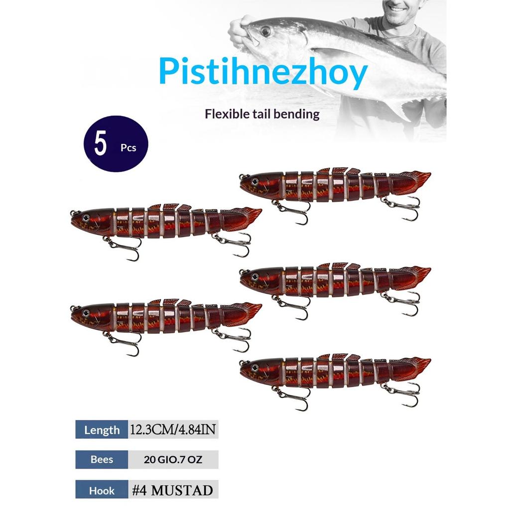 Eight-section bionic pike lure with realistic swimming action. Sharp hooks for solid hooksets, ideal for catching aggressive freshwater predators.