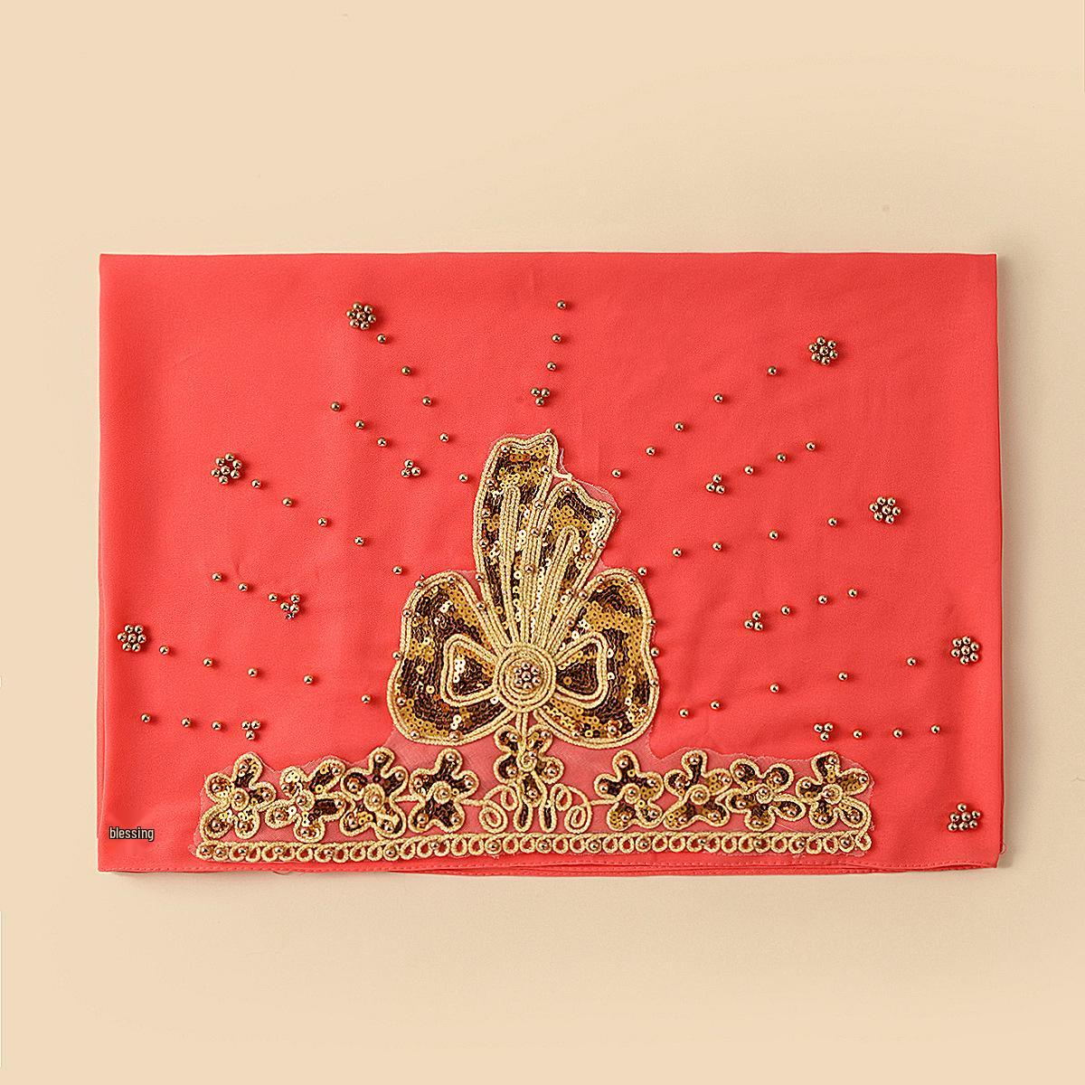 Ethnic Style Pearl Beaded Chiffon Headscarf with Rolled Edge