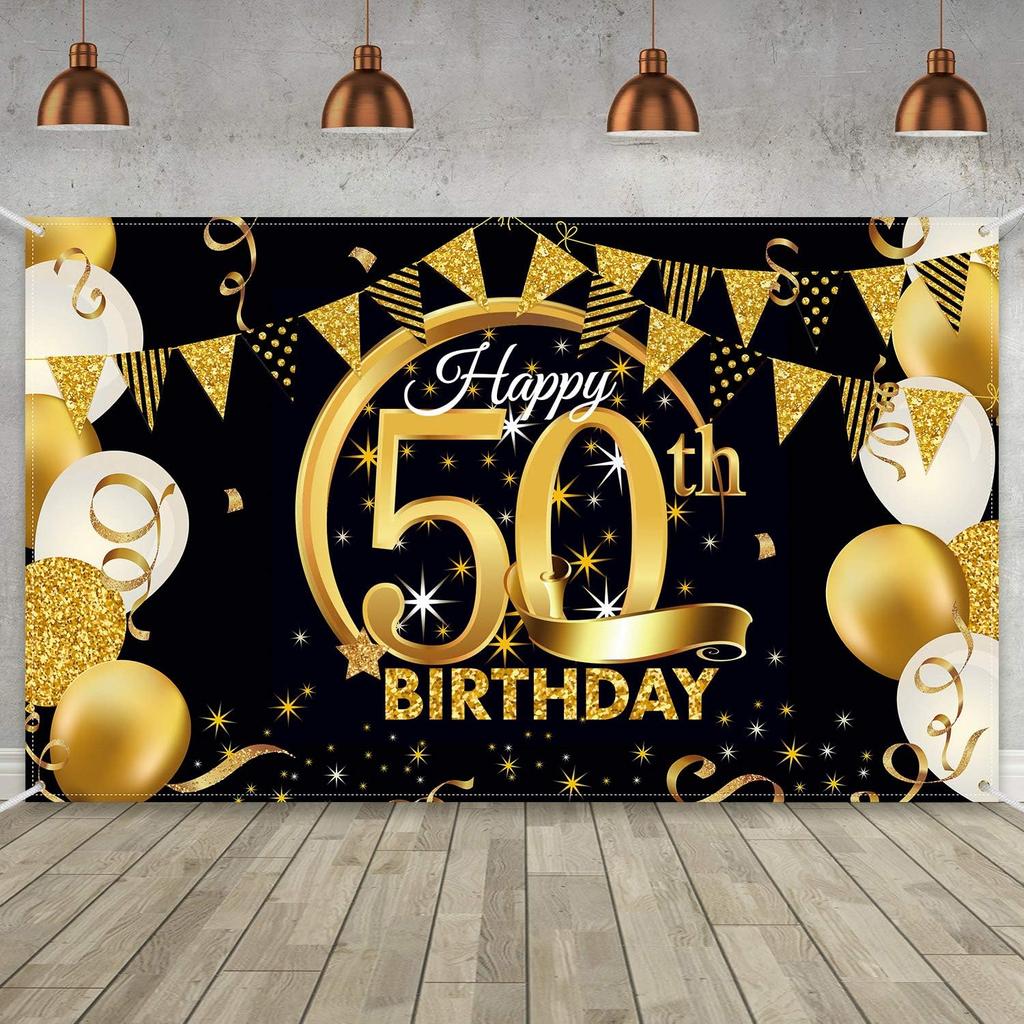Birthday Party Decoration Extra Large Fabric Black Gold Sign Poster for Anniversary Photo Booth Backdrop Background Banner, Birthday Party Supplies,