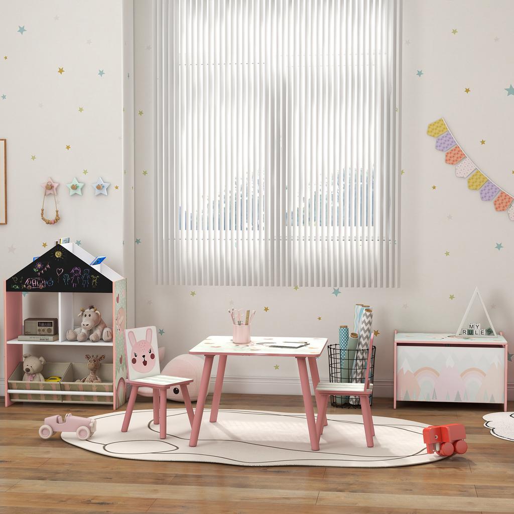 Children's Seating Set Made of Pine Wood, Table with 2 Chairs, Animal Motif, Children's Room, 3-8 Years, Pink