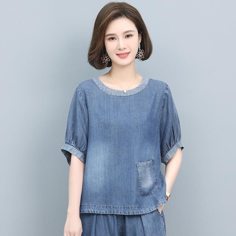 

Женский топ из тенселя денима с коротким рукавом - Лето 2025 Модный, Приталенный, Нишевый дизайн XXL светло-синий