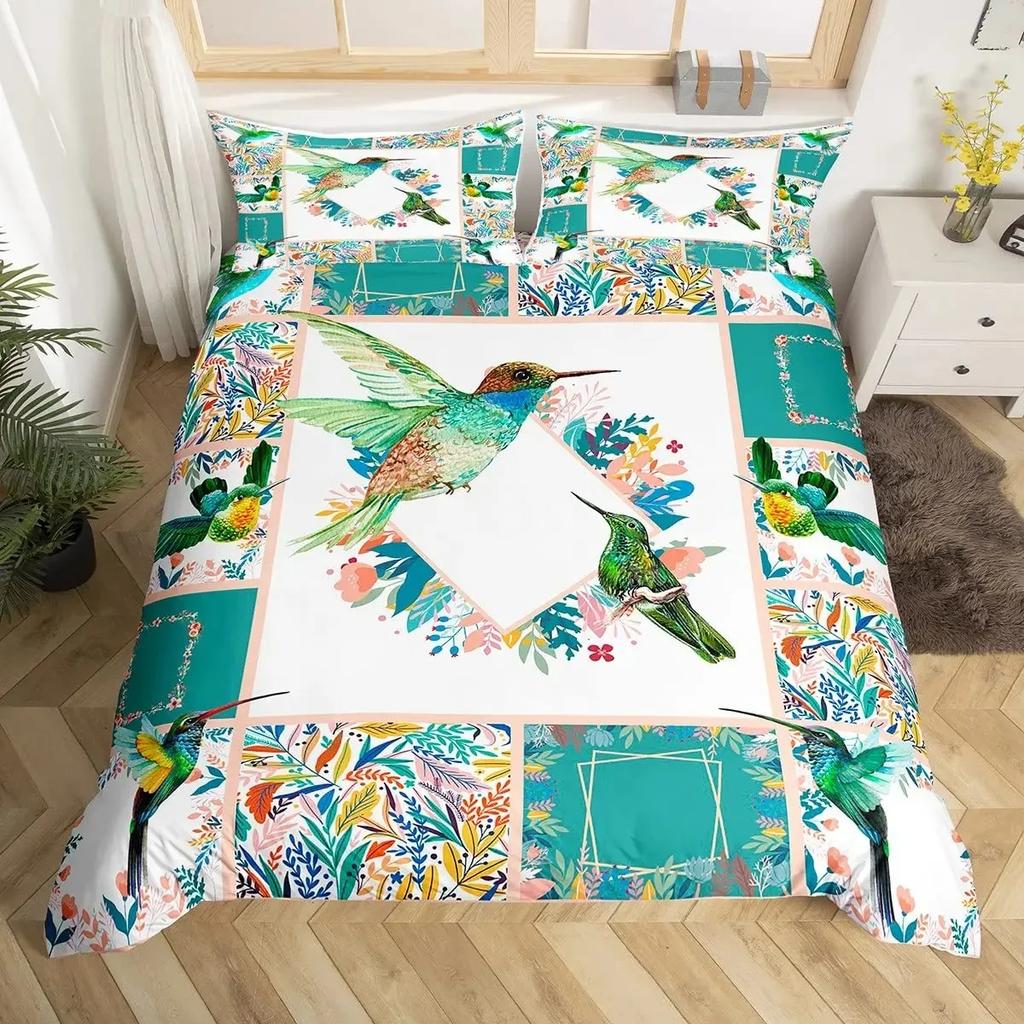 Hummingbird Duvet Cover Set Full Size Girls Garden Birds Farmhouse Flower Floral Bedding Set Hummingbird Lovers Comforter Cover