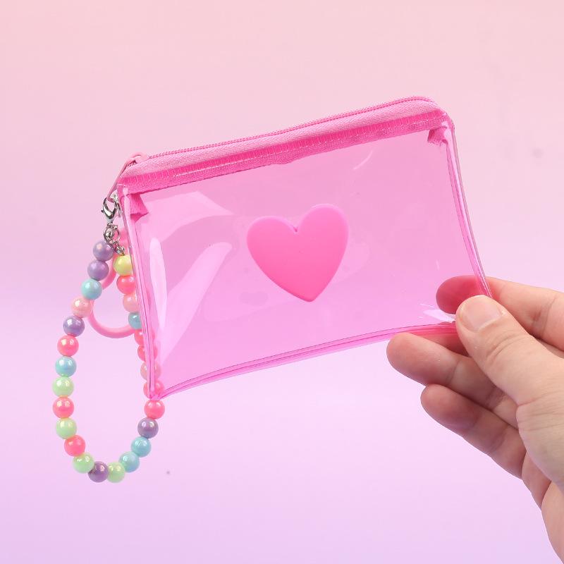 Cute Heart Pvc Transparent Handbag Coin Purse With Beads Chain Women Wallet Zipper Bag Wallet Earphone Key Storage Bag Girl Gift