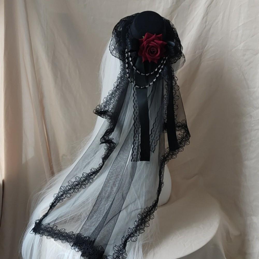 Pălărie Lolita Neagră sau Albă, cu Flori, Decor cu Fundă, Elegantă, Pălărie Înaltă, Voal Gotic, Pălărie Înaltă cu Trandafir, Bărbați