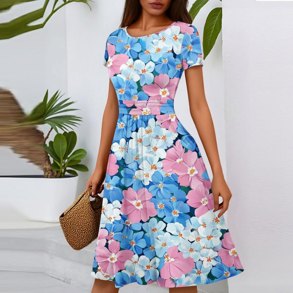 Women's Casual Fashion Round Neck Pleated Short Sleeve Floral Print A-Line Midi Dress