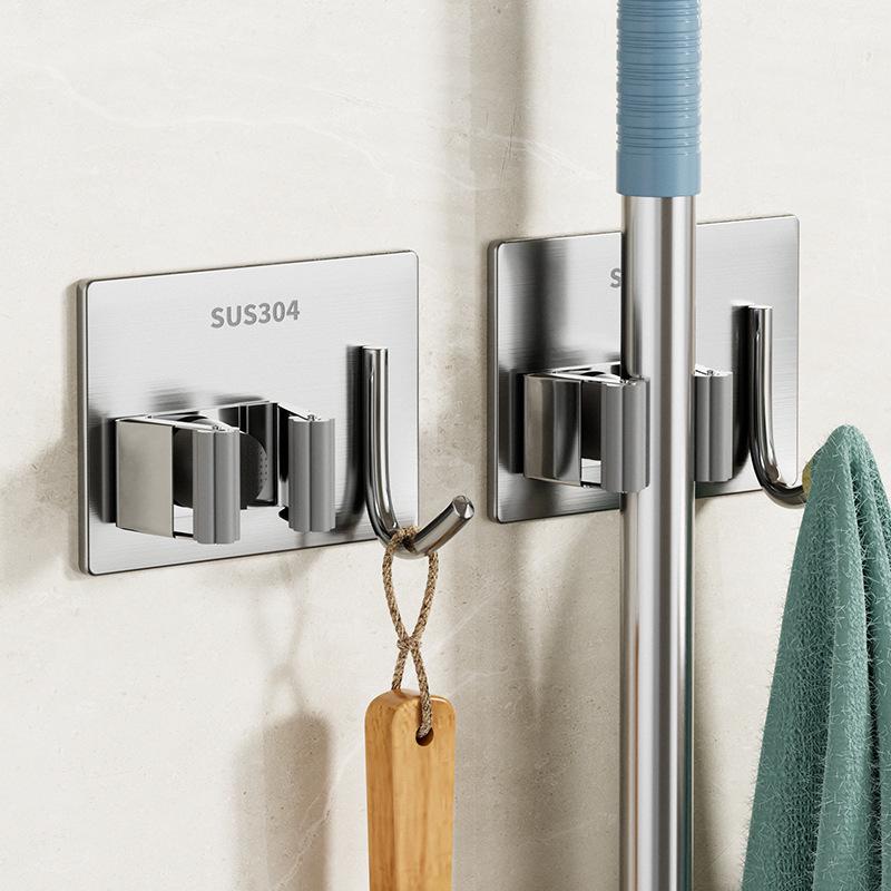 304 Stainless Steel No-Punch Mop and Broom Hook for Bathroom Storage