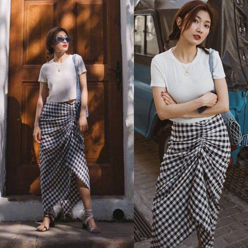 Spring and Summer New European and American Fashion Blogger Street Shot Same Style Gingham Drawstring Ruffle Split Skirt Bodycon Dress