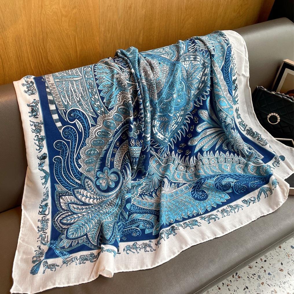 Blue Retro 130 Square Scarf Summer Air-Conditioned Room Shawl Sunscreen Silk Scarf Spring And Autumn Linen Scarf