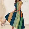 Women Plus Size Round Neck Short Sleeve Color Block Printed Gathered Waist A Line Long Dress