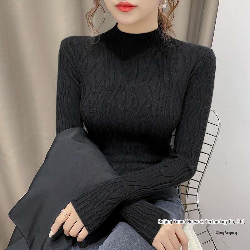 Autumn/Winter Women's Slim Fit Long-Sleeve Knitted Sweater with Semi-High Collar