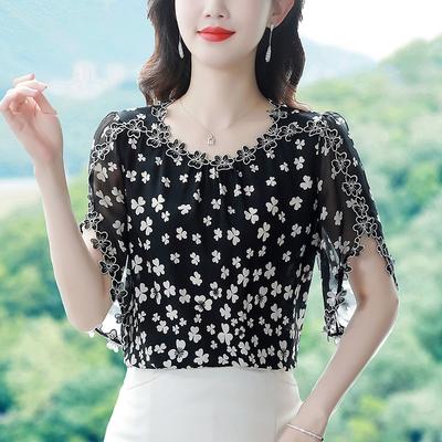Summer Elegant Loose Women Temperament Printing Hollow Out O-neck Short Sleeve Shirt Casual Trend Tops