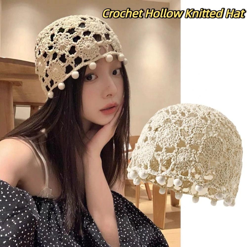 Sweet Crochet Hollow Knitted Hat Beads Tassels Ethnic Style Hat Weave Cap  Apparel Accessories