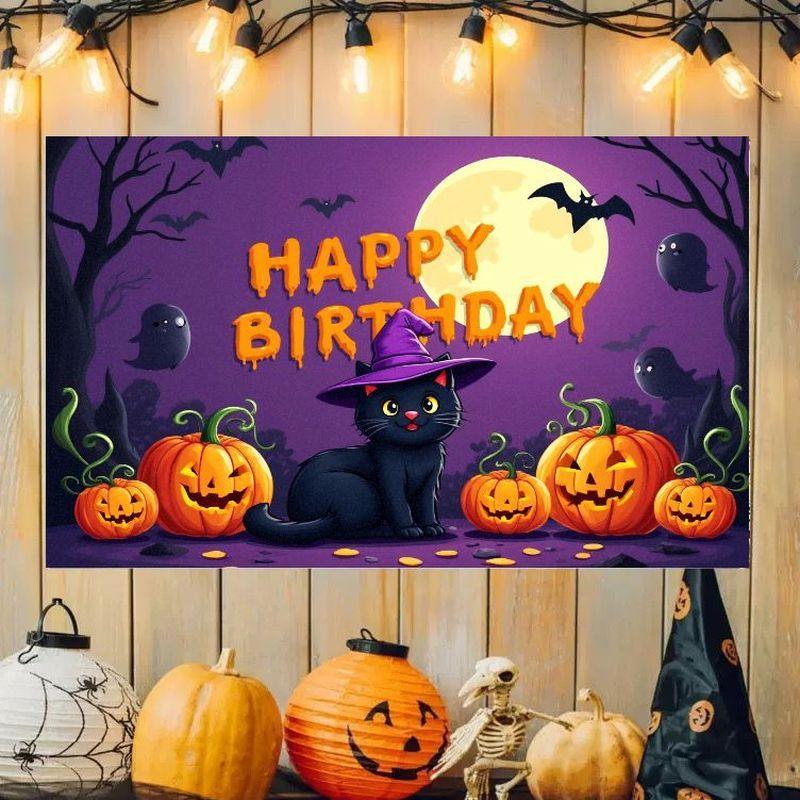 Halloween Banner Happy Halloween Tapestry Horror Cat Bloody Print Yard Party Wall Hanging Decor Flag