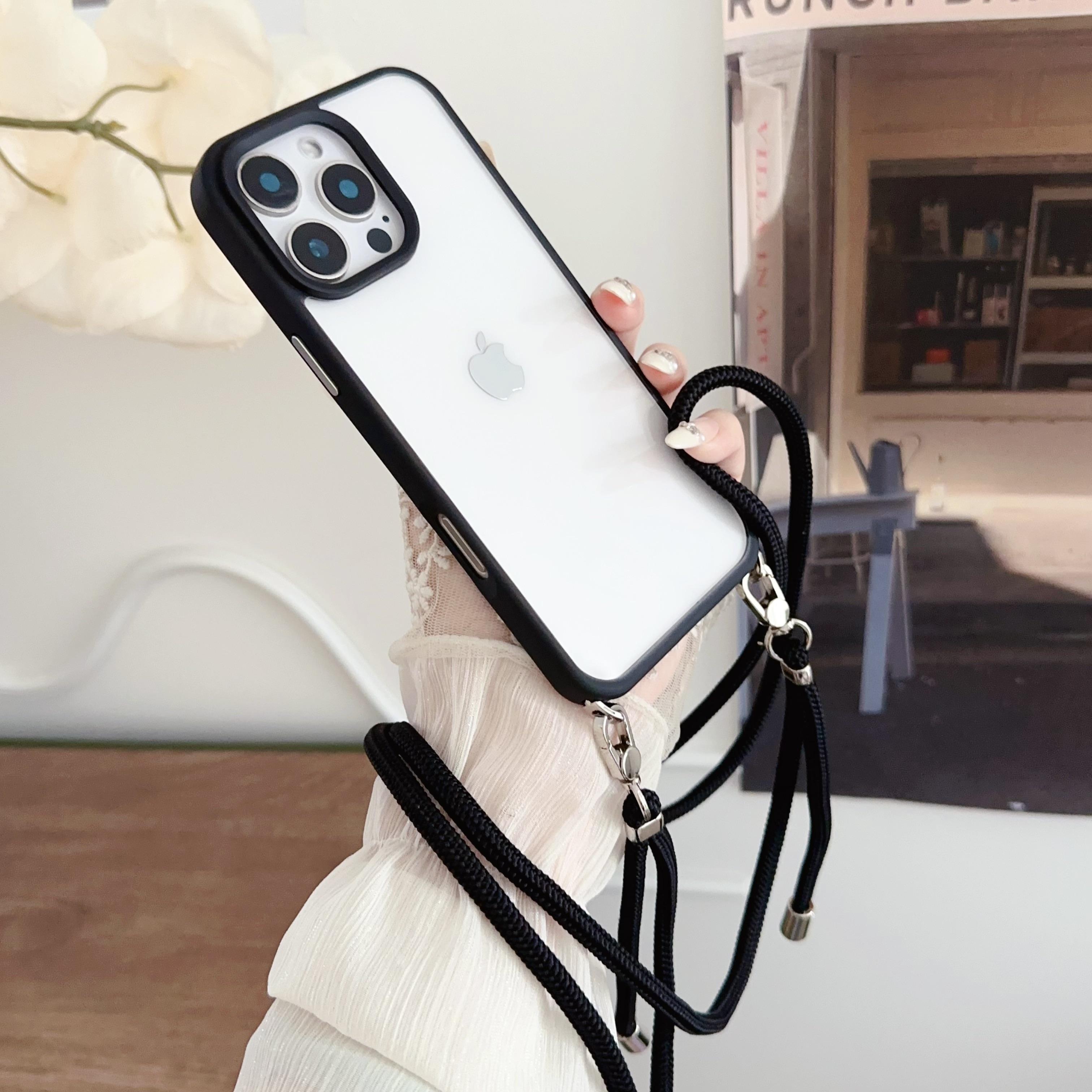 

For iPhone 16 Pro Max Case TPU+PC Crystal Clear Back Cover with Lanyard Black