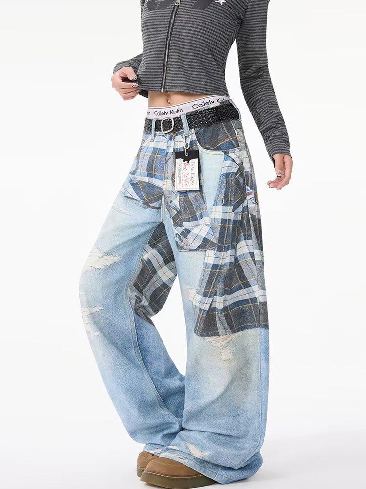 Women s Retro Plaid Hip Hop Wide-Leg Jeans - 2025 Spring/Autumn Collection XXL синий