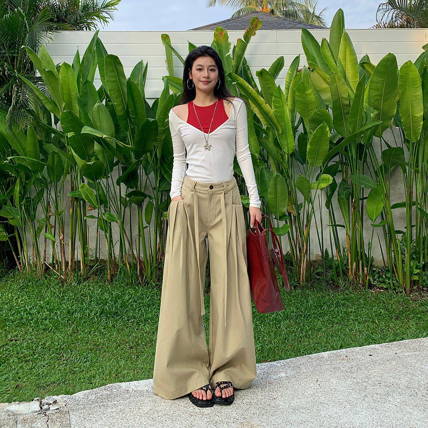 

Women s Khaki High-Waisted Wide-Leg Pants - 2026 Spring Loose Straight Slimming Casual Style Medium