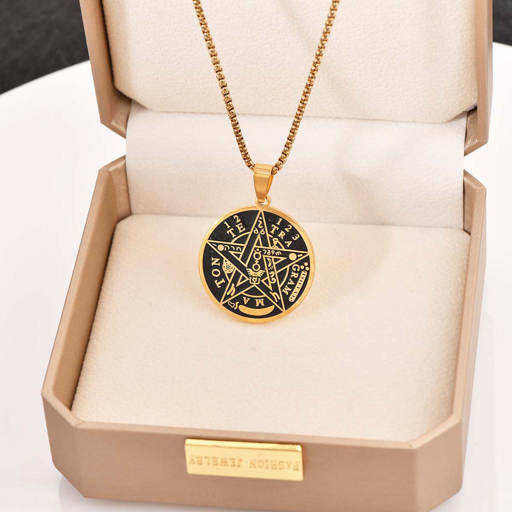 European and American pentagram Solomon seal Kabbalah amulet stainless steel hanging item men's titanium steel necklace jewelry