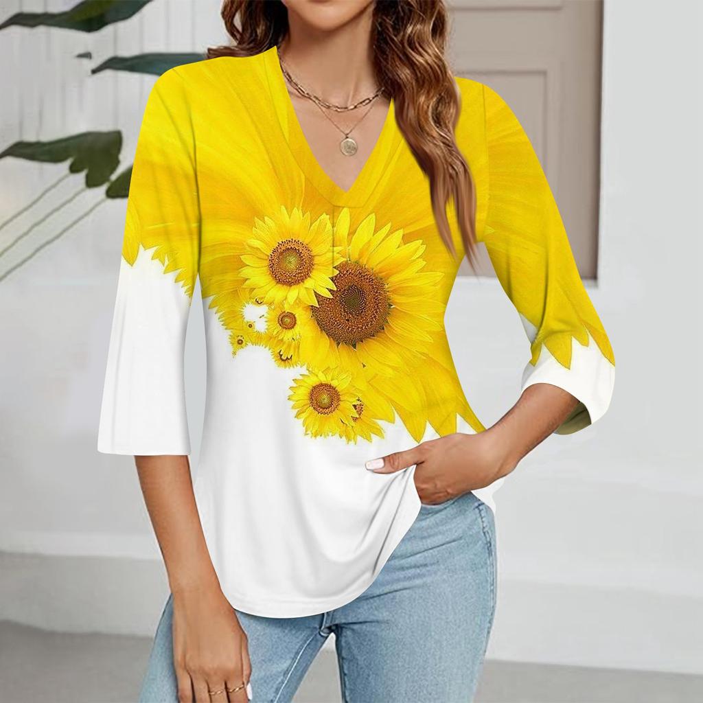 Modisches Oberteil mit V-Ausschnitt, Farbverlauf-Print und Dreiviertelärmeln für Damen