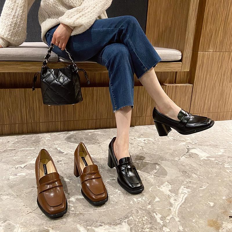 Fashion New Vintage College Style Women Loafer Shoes Fashionable Shallow Slip On Female Elegant Thick Heel Commuting Shoes Zapatos Mujer
