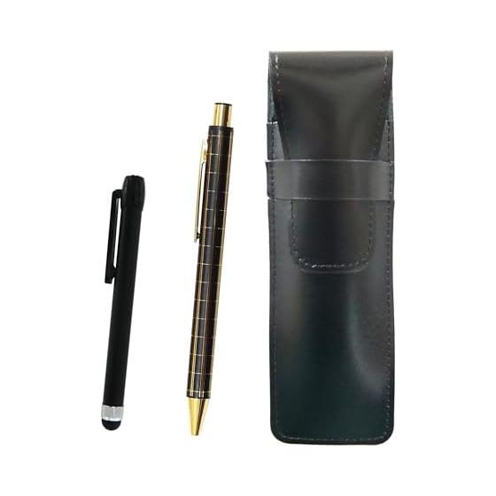 Slim Genuine Leather Pen Case Black, Metal Touch Pen Black NQ30K, Thick Barrel Metal Straight Knock Double Anodized Grid Ballpoint Pen Set Black