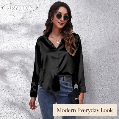 JPNTKY Women's Fashion Casual Solid Color Print POLO Neck Long Sleeve Blouses & Shirts
