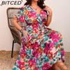 BITCED Plus Size Women's Elegant V-Neck Waist-Defining Slimming Tie-Waist A-Line Floral Print Dress
