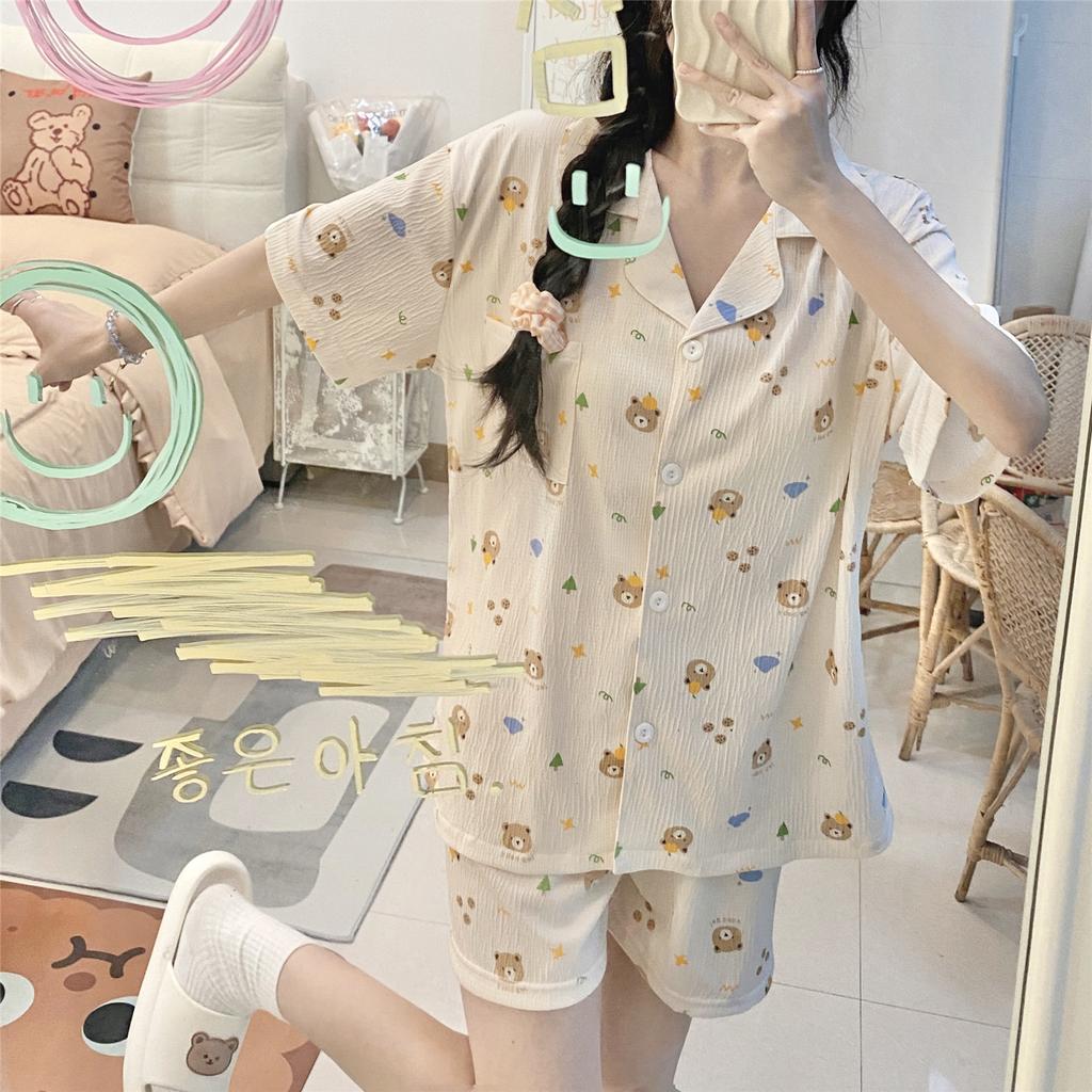 Dámské pyžamo Léto s krátkým rukávem Sada na spaní Kreslený Roztomilý Medvěd Pyžamo s potiskem Žena Volán Domácí Sada nočního prádla Cardigan