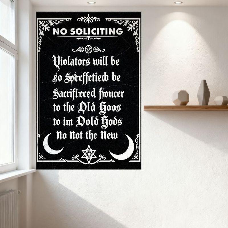 NO SOLICITING Gothic Occult Metal Tin Sign with Pentagram Star Decor Cracked Texture Poster for Home Bar Cafe Man Cave Decor