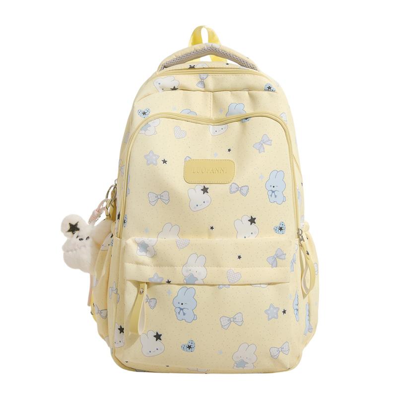 Cute Bear and Bow Print School Backpack with Multiple Front Pockets Casual Daypack for Girls