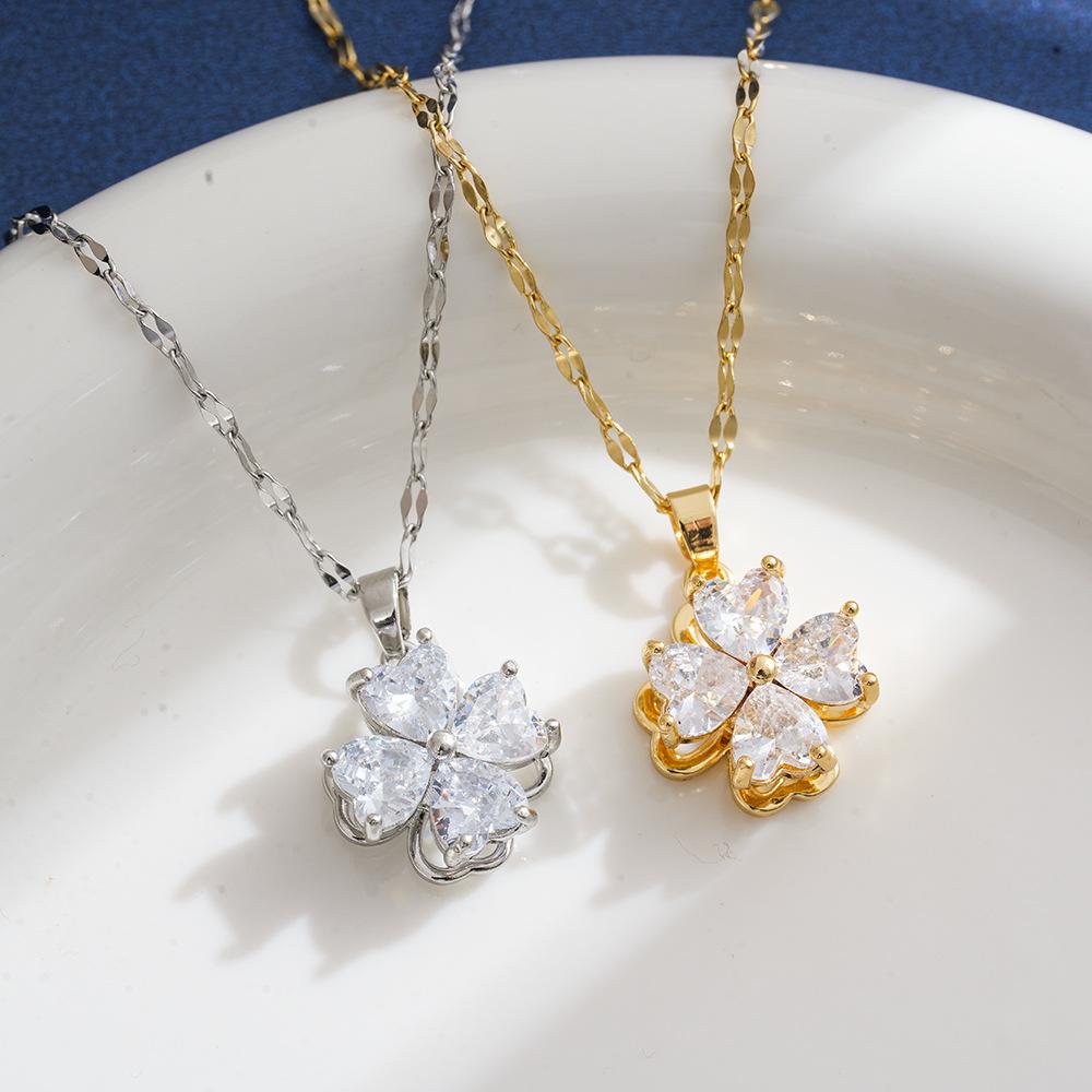Titanium Steel Diamond Four-Leaf Clover Pendant Necklace - Light Luxury Valentine's Day Edition.