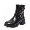 Medium Boots Women's 2025 Autumn and Winter Round Head Thick Heel Martin Boots Double-breasted Belt Buckle Casual Leather Boots European and American