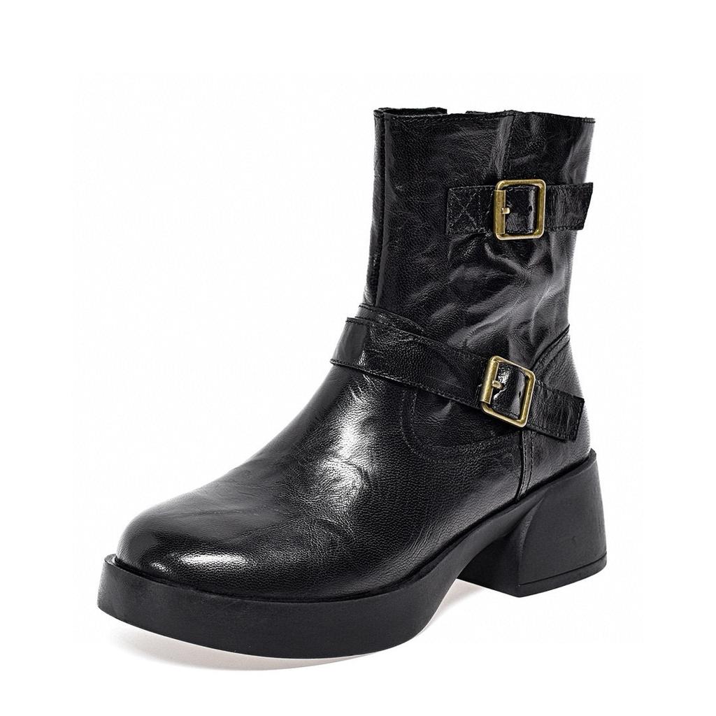 Medium Boots Women's 2025 Autumn and Winter Round Head Thick Heel Martin Boots Double-breasted Belt Buckle Casual Leather Boots European and American