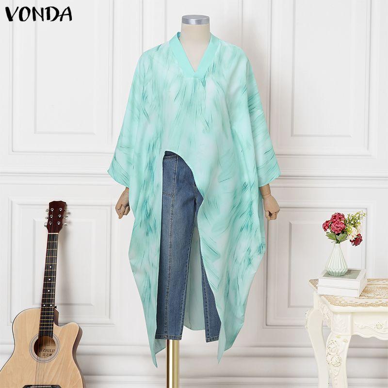 

VONDA Oversized Women V Neck Long Sleeve Floral Print Split Irregular Casual Loose Long Blouse Tops M зелёный