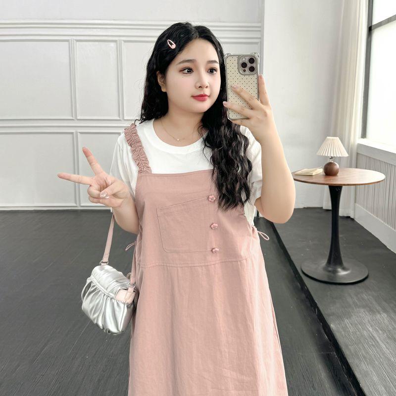 

Plus size women clothing [Salt Sweet Suspender Skirt] Summer Chubby Girl Preppy Casual Meat Covering Loose Full Body Dress Leather powder 7XL