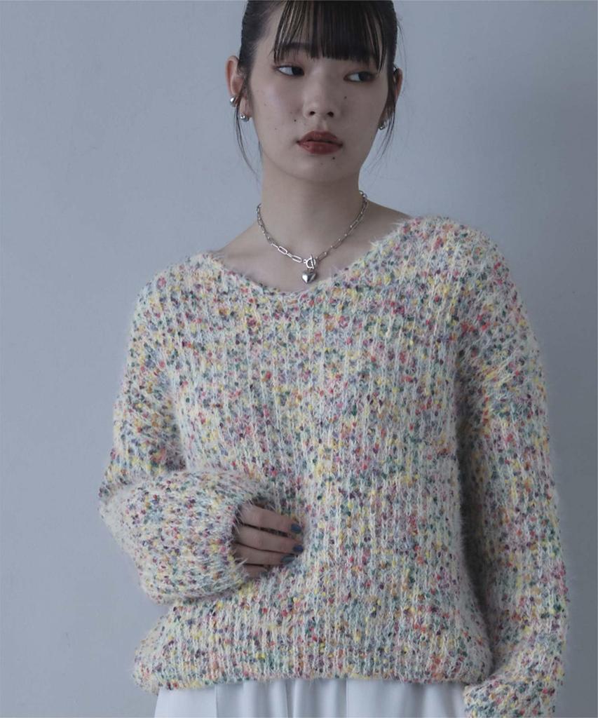 miette Color Nep Oversized Knit REW18105 Free Size Ivory V-Neck Women's