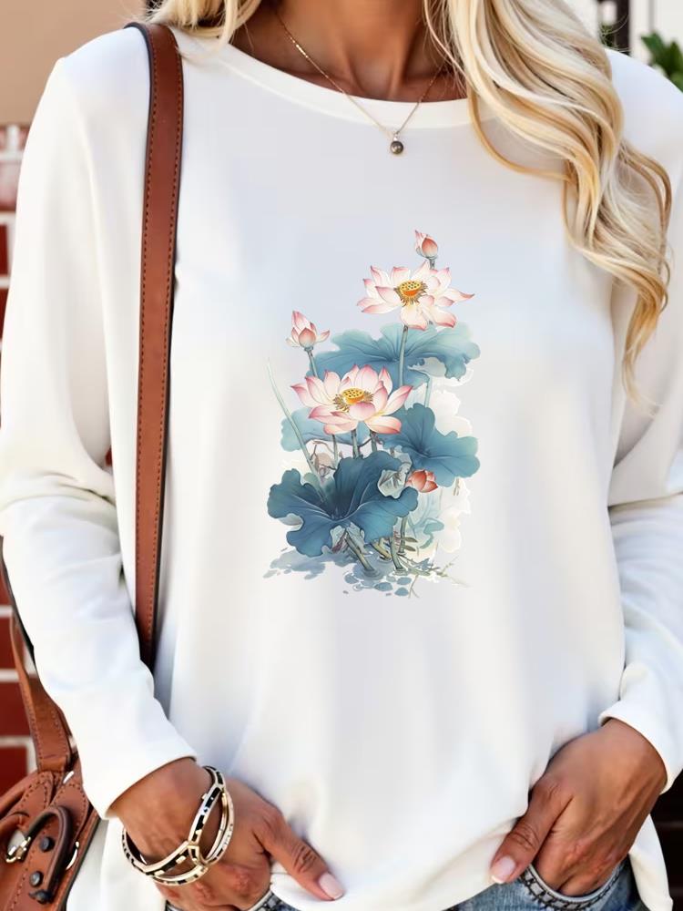 

(Asian Size) lovely watercolor cute 90s Long Sleeve T Shirt Tee Lady Printed o-neck Women Female Clothing Casual Fashion Top Graphic T-shirts S