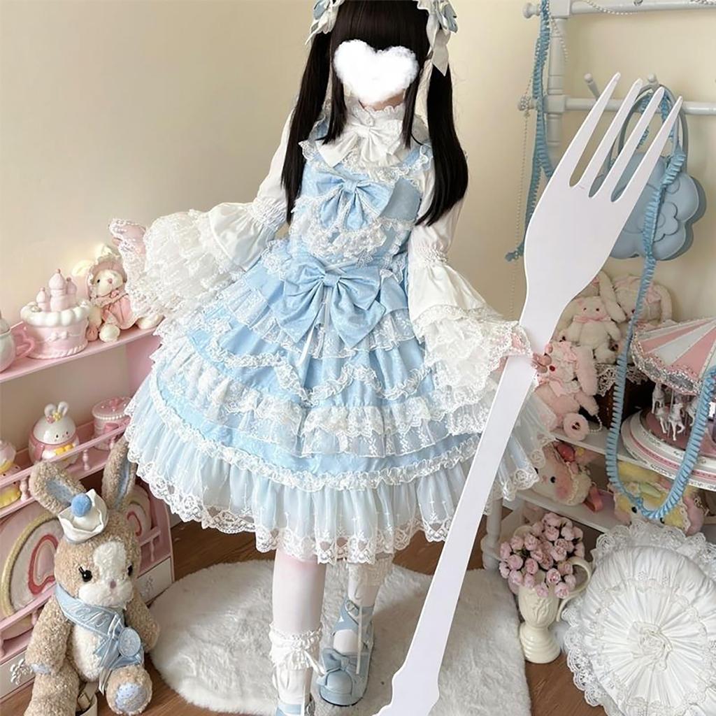 Jundakara Lolita Costume Featuring and Puff Perfect for a Sweet French or Princess Size Women's 3-Piece Set, Ribbons, Ruffles, Lace-Up, Sleeves.