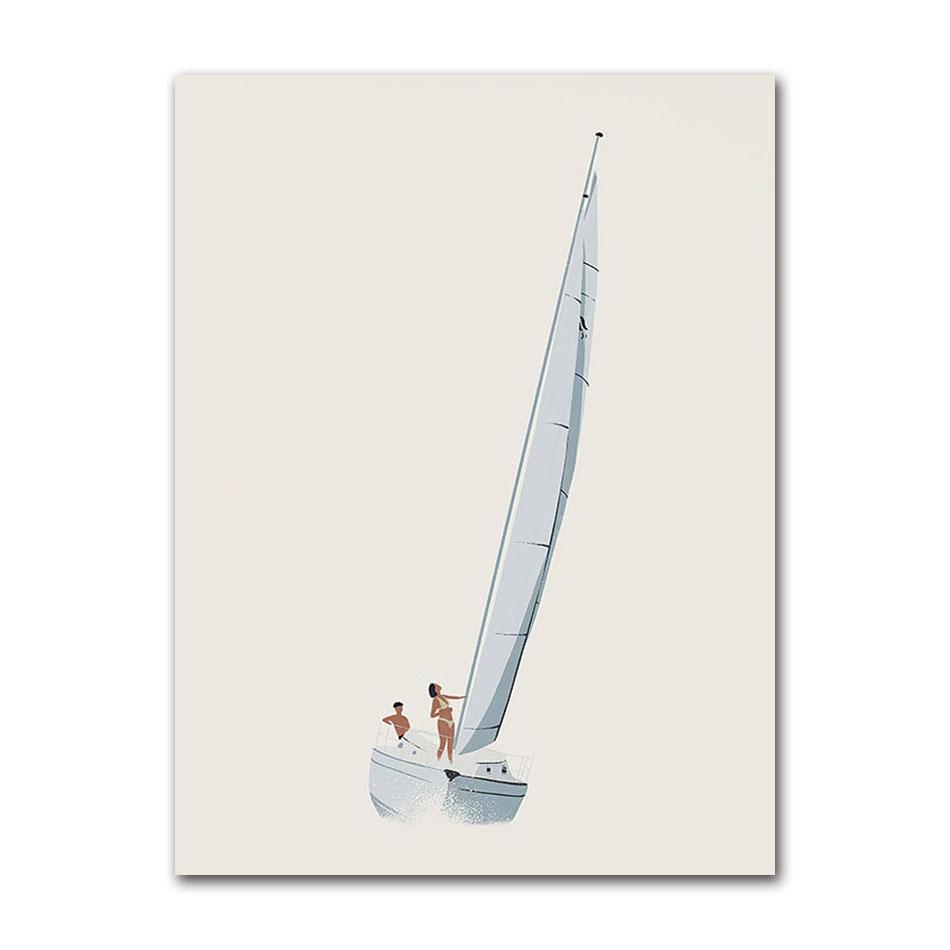 Minimalist Beach Ocean Floral Wall Art, Sailboat Canvas Painting, Pool Posters & Prints, Pictures for Living Room Decor