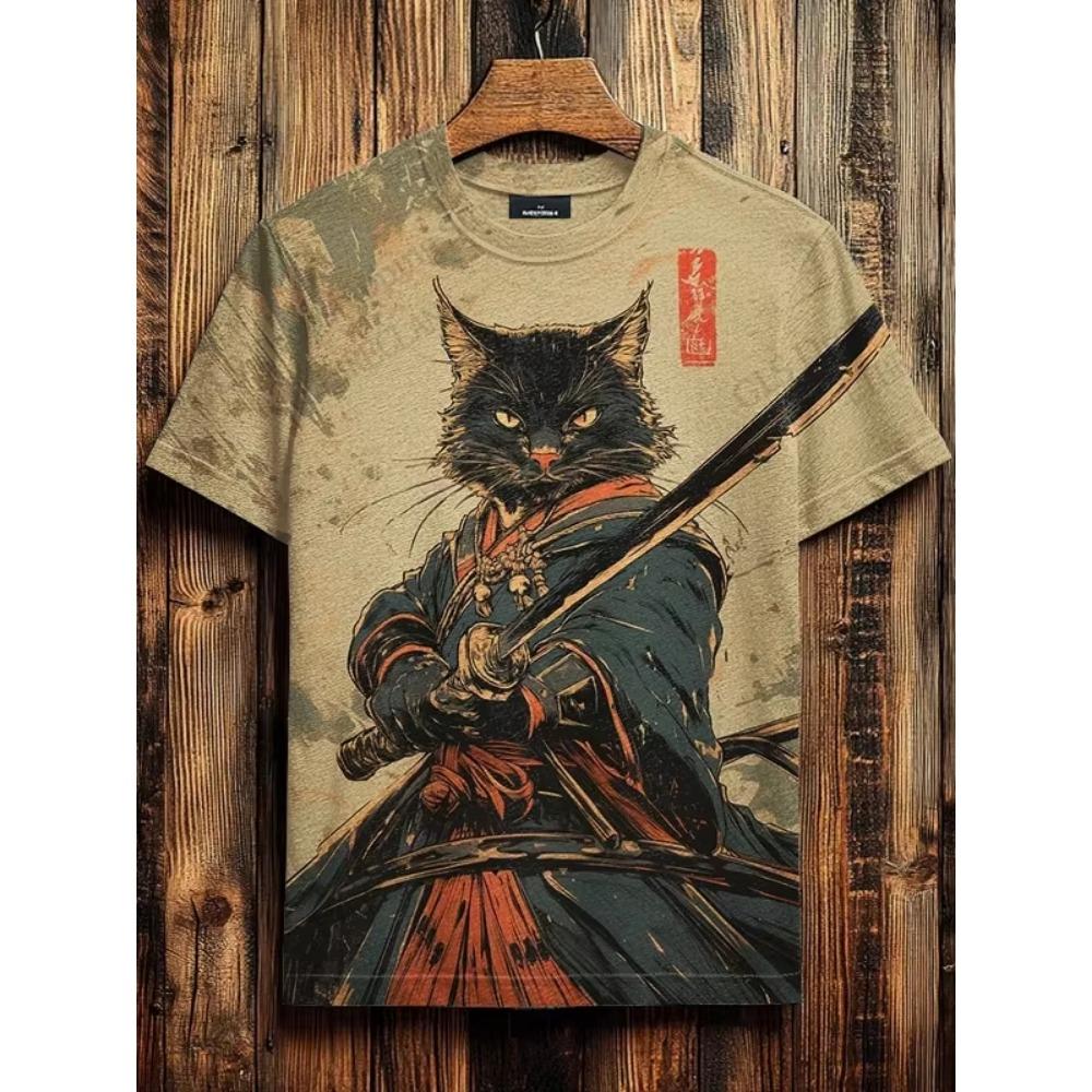 Novas Camisetas com Estampa 3D de Gato Samurai Japonês para Homens Mulheres Camiseta Casual de Manga Curta Top Harajuku Roupa Streetwear